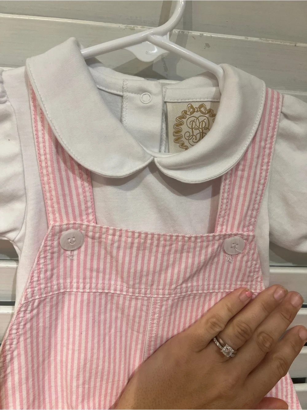 The Beaufort Bonnet Company Pink Striped Overalls with White Puff Sleeve Top